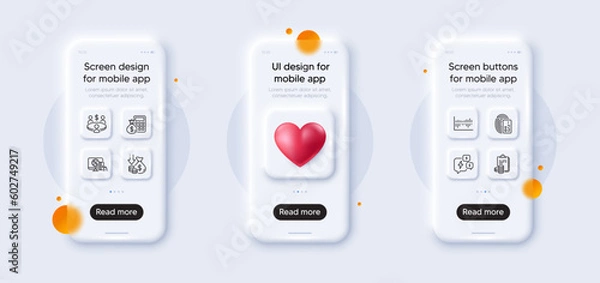 Fototapeta Accounting, Online shopping and Meeting line icons pack. 3d phone mockups with heart. Glass smartphone screen. Card, Stress, Column diagram web icon. Finance calculator, Deflation pictogram. Vector