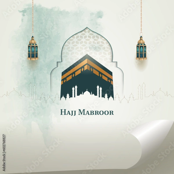 Obraz islamic hajj pilgrimage card design with two gold lanterns and holy kaaba
