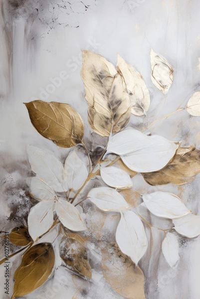 Obraz Gold leaves oil painting. Gold floral background. Generative AI.