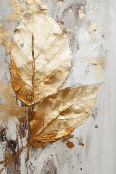 Obraz Gold leaves oil painting. Gold floral background. Generative AI.