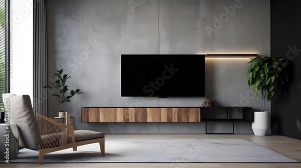 Fototapeta Minimalist Interior of modern living room 3D rendering, generative ai