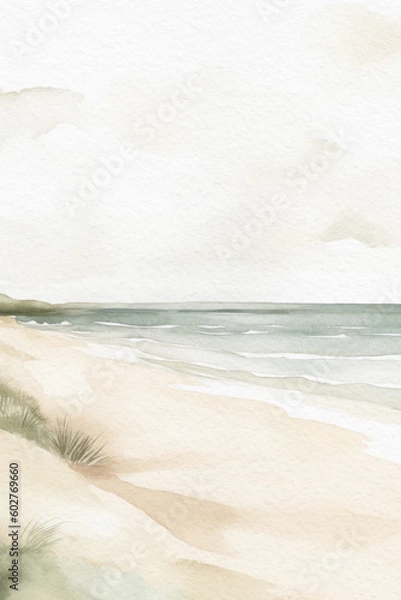 Obraz Beach and ocean watercolor landscape. Summer watercolor background. Generative AI.
