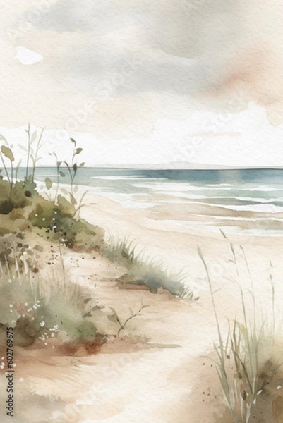 Obraz Beach and ocean watercolor landscape. Summer watercolor background. Generative AI.