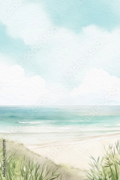 Obraz Tropical beach background. Summer watercolor landscape. Tropical island with palm trees. Ocean and beach summer wallpaper. Generative AI.