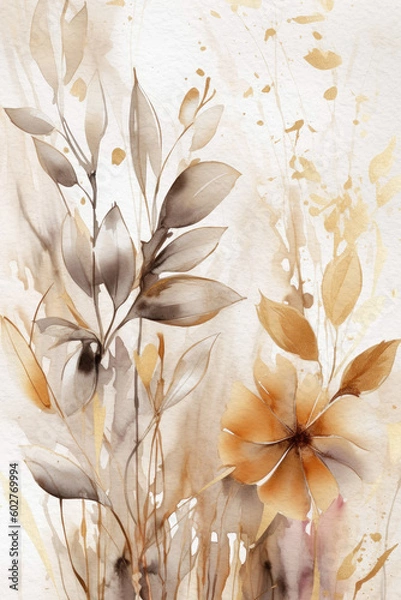 Obraz Neutral floral background. Watercolor beige flowers and leaves. Generative AI.