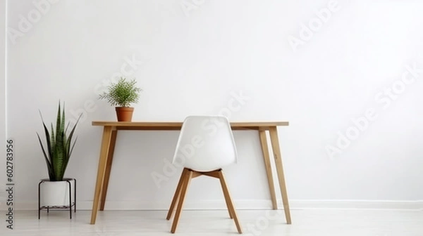 Fototapeta Mockup of a Room With a Desk and Green Plant with a Empty Wall