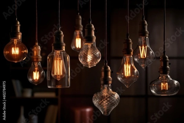 Fototapeta Decorative vintage Edison style incandescent light bulbs on a dark background in a loft style interior. Generative AI