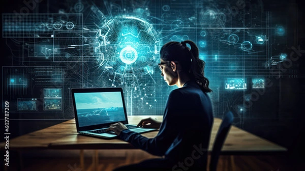 Fototapeta Digital Confluence: A Person Engaging with a GPT Model Interface Amidst AI Symbols, Generative AI