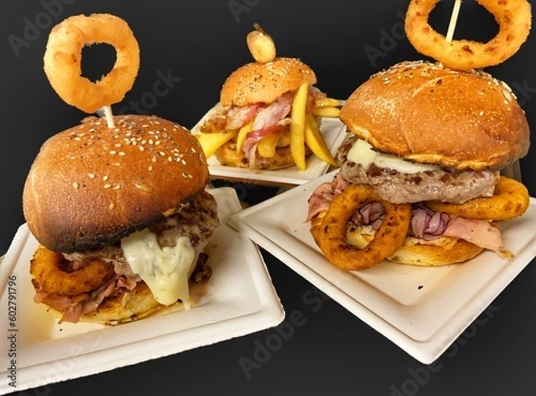Obraz Decorative composition of burgers with artisanal cheeses and typical regional products. Handmade food with healthy products. Group of burgers with assorted fried foods. Photo with neutral background.
