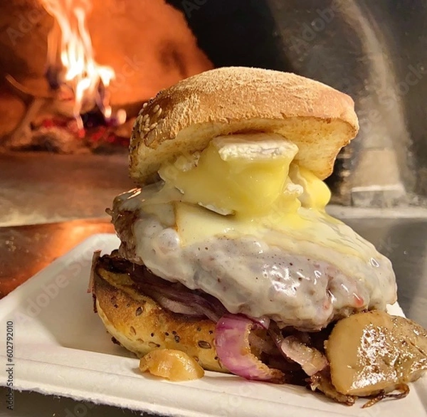 Obraz Decorative composition of burgers with artisanal cheeses and typical regional products. Handmade food with healthy products. Group of burgers with assorted fried foods. Photo with neutral background.