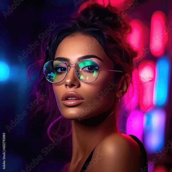 Fototapeta Enchanting Fashion Portrait of a Female Model Embracing Her Style in Luxury Eyewear Glasses on a Bokeh Neon Background - Eyewear Concept - Eyecare - Generative AI