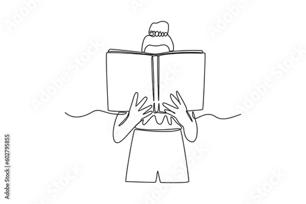Fototapeta Continuous one line drawing happy student girl reading book at leisure time. Book lovers concept. Single line draw design vector graphic illustration.