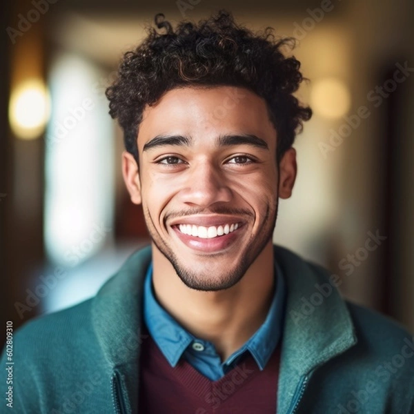 Fototapeta Smiling man looking at the camera. Zoom. Profile photo. Generative AI