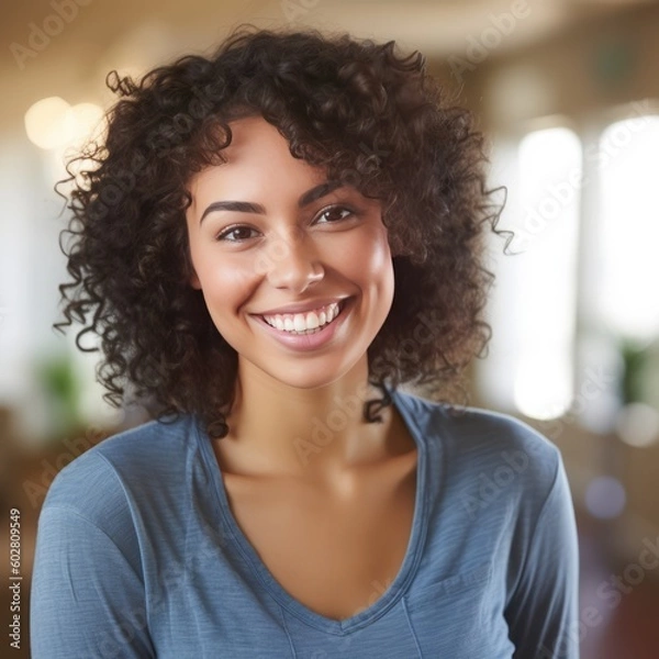 Fototapeta Smiling woman looking at the camera. Zoom. Profile photo. Generative AI