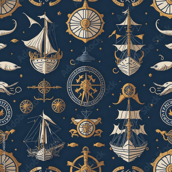 Obraz seamless pattern with nautical elements,Generative IA
