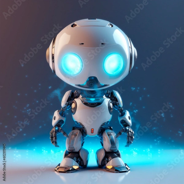 Fototapeta little cute robot funny virtual assistant bot isolated on white background. 3d icon. AI generated