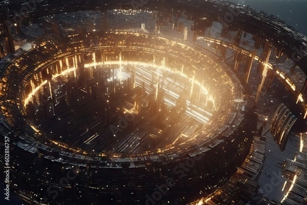 Fototapeta Futuristic and illuminated metal massive construction, alien concept, cinematic scene from another planet, explore other civilizations