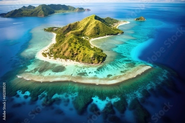 Fototapeta Aerial View of Fiji Island Scuba Snorkeling Diving in Paradise, with Beaches and Tropics in the Pacific Ocean, Stunning Scenic Seascape Wallpaper, Coral Reef and Marine Life, Generative AI