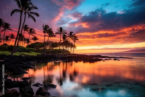Fototapeta Kapalua Bay Maui Hawaii Bay at Sunset, Coconut Trees in Silhouette against colorful sunset, Stunning Travel Scenic Landscape Wallpaper, Generative AI