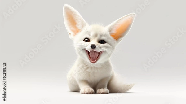 Fototapeta White Fennec fox, North Africa smile ,sitting isolated on white background, Generative ai illustration.