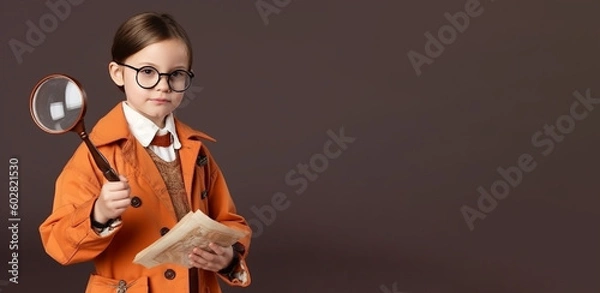 Fototapeta a smiling russian's girlc hild wearing detective's clothes with glassess and magnifiying glass in solid soft brown background generative ai 