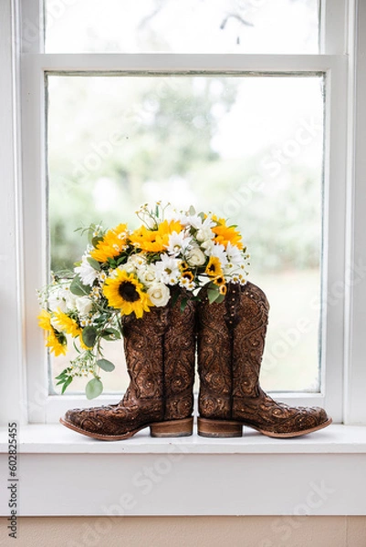 Obraz flowers and boots in the window