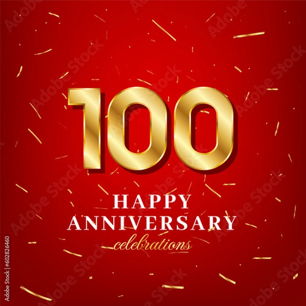 Obraz 100th anniversary vector template with a golden number and golden confetti spread on a red background