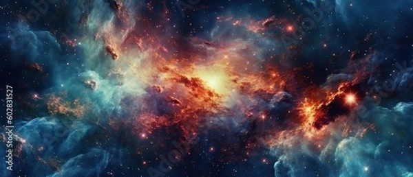 Obraz Abstract space background. Beautiful galaxies and stars in outer space.
Created with generative AI technology.