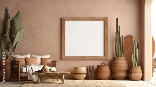 Fototapeta Mockup frame in nomadic boho interior background with rustic decor, 3d render