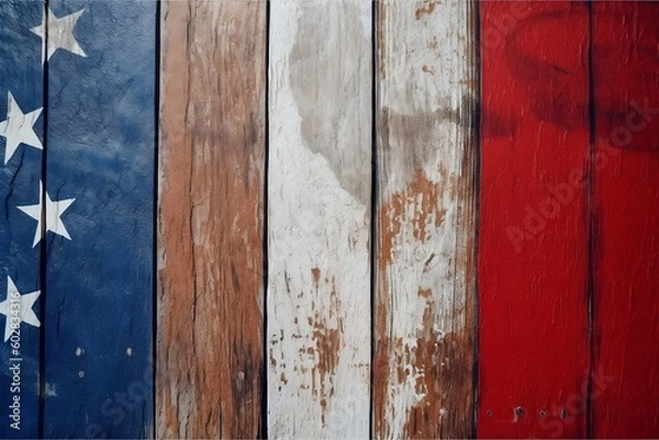 Fototapeta Red White and Blue Americana rustic faded wood background as a graphic resource