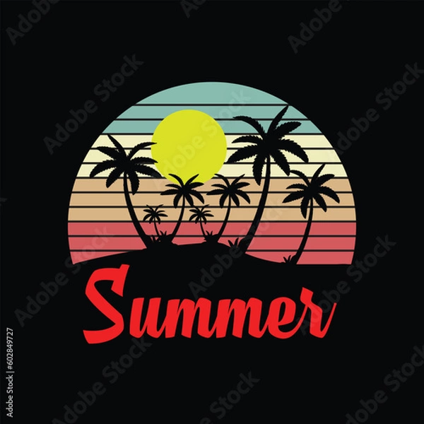 Obraz Summer, palm, graphic, t-shirt, retro, vintage, design, beach, shirt, surf, ocean, sunset, vector, print, surfing, tee, wave, art, illustration, sun
