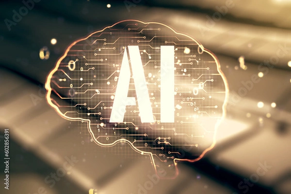 Fototapeta Double exposure of creative artificial Intelligence interface on blurry metal background. Neural networks and machine learning concept