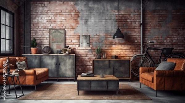 Obraz Generative AI, Industrial Living Room: Exposed Brick, Concrete, and Metal Accents