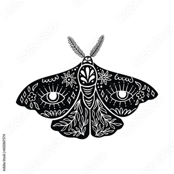 Obraz Celestial Luna Moth LInocut Vector Icon. Mystic Floral Insect Silhouette Isolated on White Background. Boho and Magic Witchy Eye Clipart, Occult Symbol Illustration. Black Butterfly Print for T Shirt