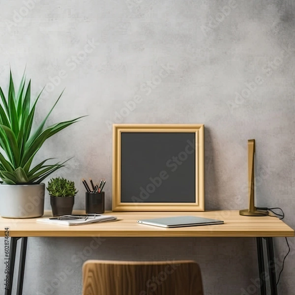 Fototapeta Stylish home interior of an open work space with wooden table, chair, lamp, laptop and shelves,Home work room background,Minimalist workspace design.,AI generated.