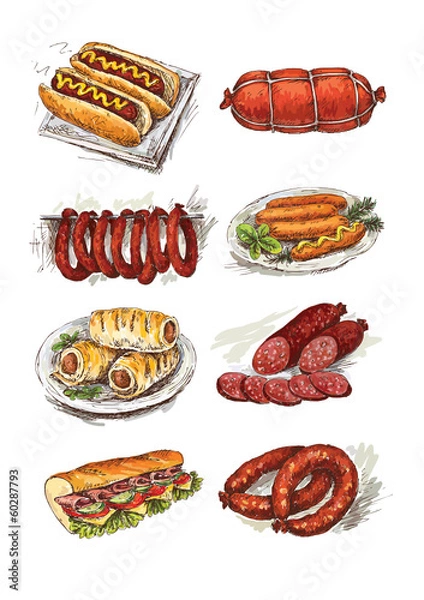 Fototapeta set of hand drawing sausage