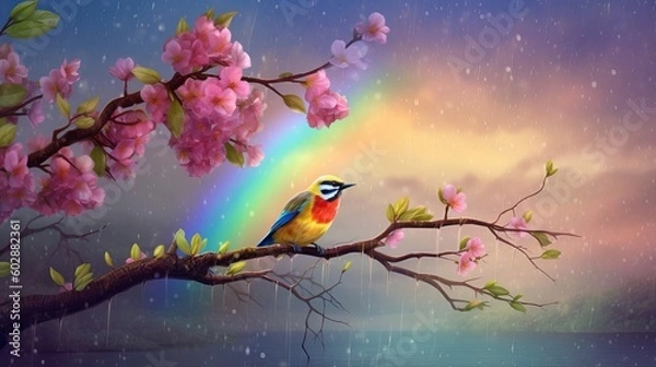 Fototapeta A spring rain scene, raindrops falling on the blooming flowers, a rainbow appearing in the sky, a small bird perched on a branch, capturing the freshness and renewal of the season, Generative AI