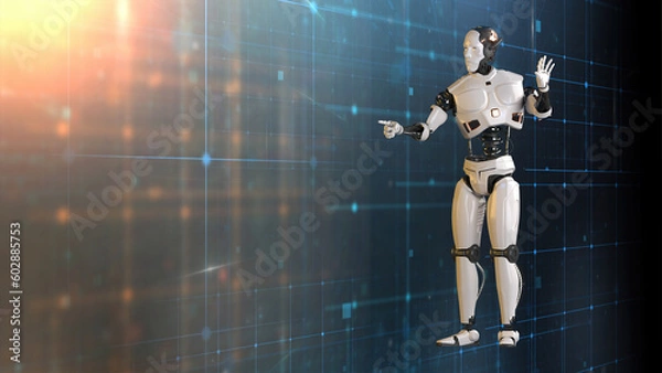 Fototapeta Futuristic world robots are running. Presentation of technology with robots.  3d rendering action of robot.