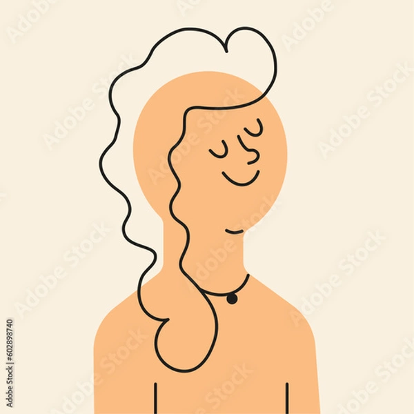 Obraz Young smiling girl in yellow color silhouette with black outline. Flat style. Vector illustration.