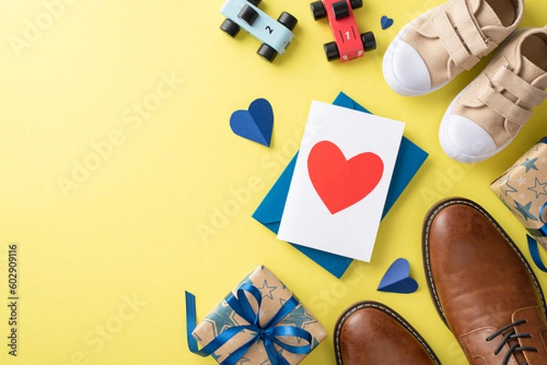 Fototapeta Little one wishes Happy Father's Day to Dad. Overhead shot of dad's shoes, child's sneakers, toy cars, handmade card with heart, and present box on yellow backdrop with empty space for text or ad