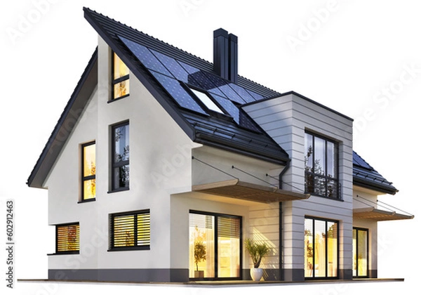 Obraz Modern house with solar panels on a transparent background