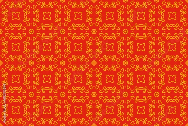 Fototapeta Beautiful pattern in circle and swirl. Traditional batik motif in red and gold color.