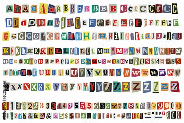 Obraz Cut out ransom vector letters alphabet. Blackmail or Ransom Kidnapper Anonymous Note Font. Latin Letters, Numbers and punctuation symbols. Criminal ransom letters. Compose your own