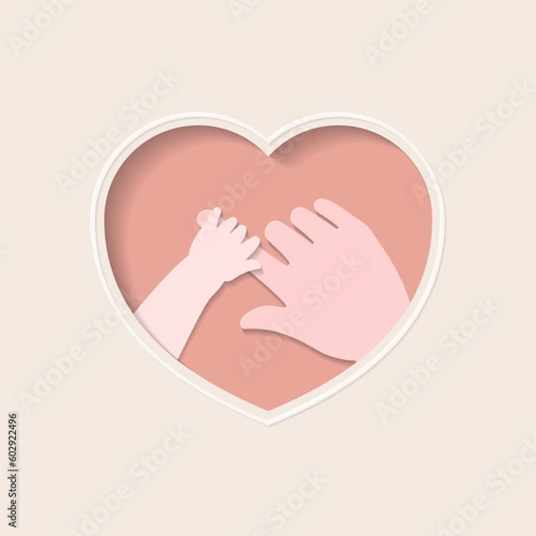 Fototapeta Small hand of baby holding big index finger of mother's hand in pink heart shaped frame paper cutting art vector