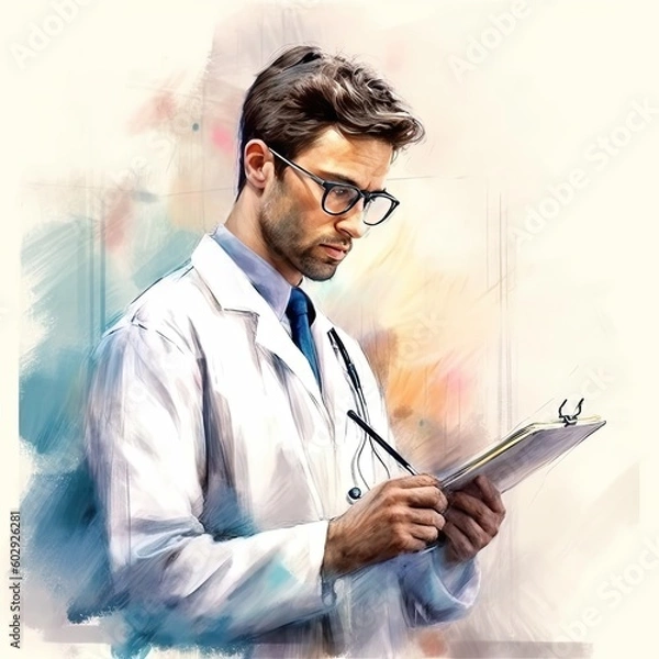 Fototapeta Male doctor with stethoscope in uniform taking notes to clipboard in hospital corridor. Generative AI
