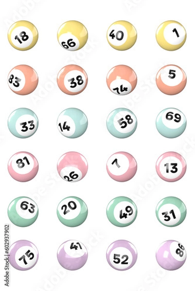 Fototapeta Collection of pastel multi coloured bingo balls in PNG format. 3D rendered bingo balls.