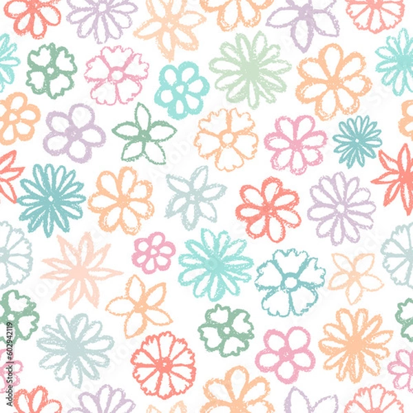 Obraz Flowers chalk pattern. Children crayon drawing style color flower. Freehand flower print. Hand drawn wax crayons art on black background. Isolated chalk style flowers. Pastel sketch flowers, leaves. 
