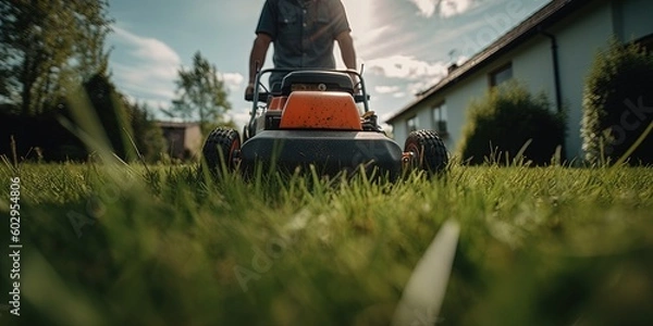 Fototapeta A man mowing the lawn on a self-propelled lawnmower, close-up. Man mowing lawn in the backyard of his house. Man with lawn mower. Generative AI