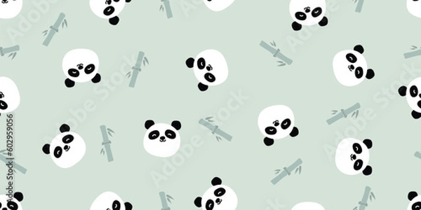 Obraz Cute panda face and bamboo leaf doodle cartoon pattern