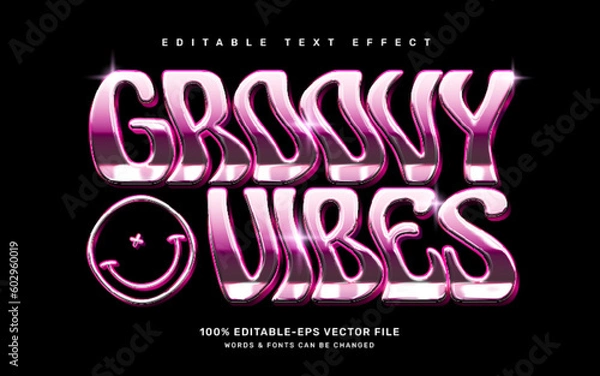 Fototapeta Groovy chrome editable text effect template, good vibes quote